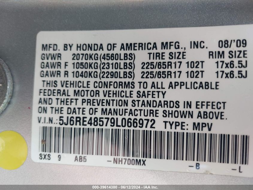 2009 Honda Cr-V Ex VIN: 5J6RE48579L066972 Lot: 39614380