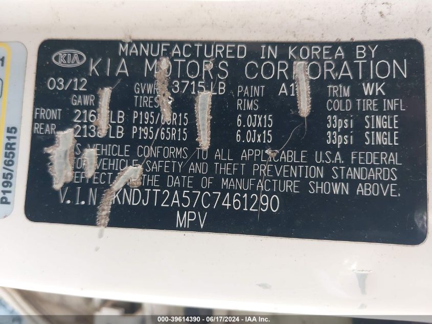 2012 Kia Soul VIN: KNDJT2A57C7461290 Lot: 39614390