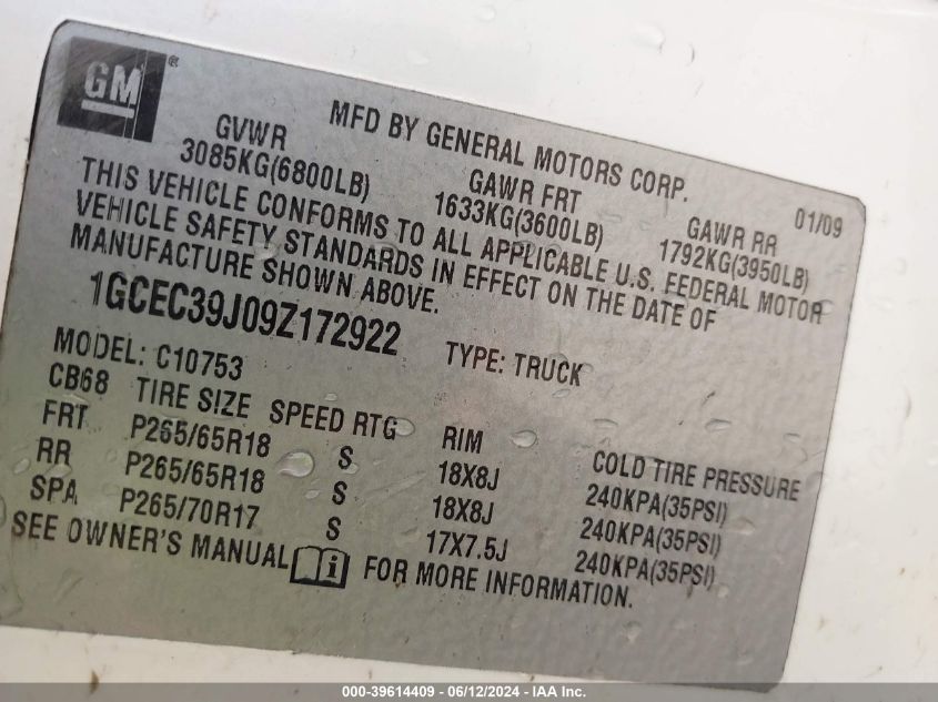 2009 Chevrolet Silverado 1500 Ltz VIN: 1GCEC39J09Z172922 Lot: 39614409