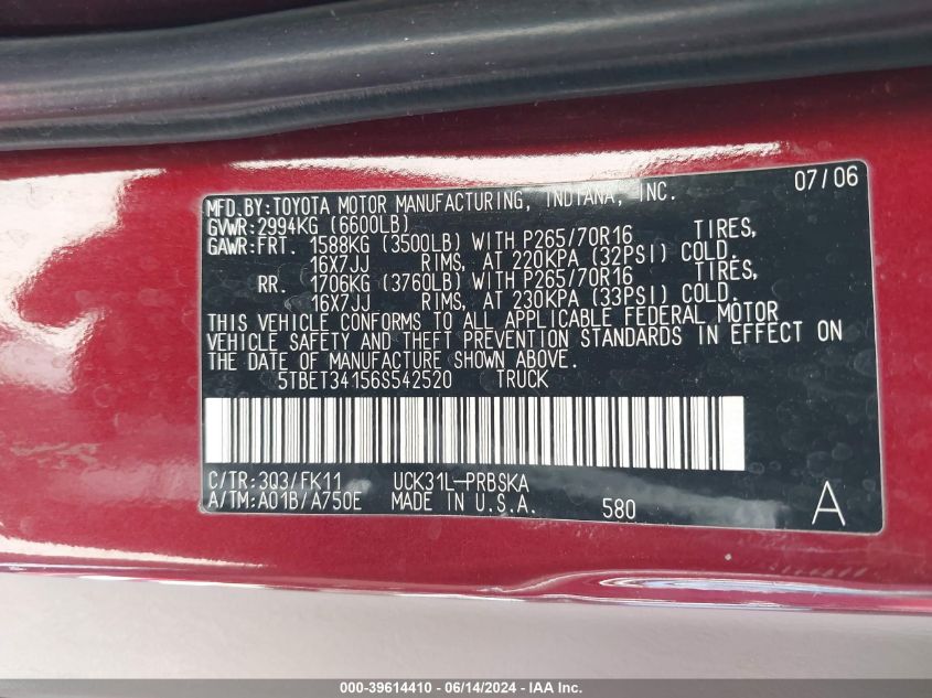 2006 Toyota Tundra Sr5 V8 VIN: 5TBET34156S542520 Lot: 39614410