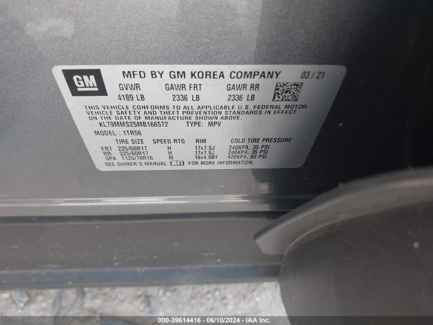 2021 Chevrolet Trailblazer Fwd Ls VIN: KL79MMS25MB166572 Lot: 39614416