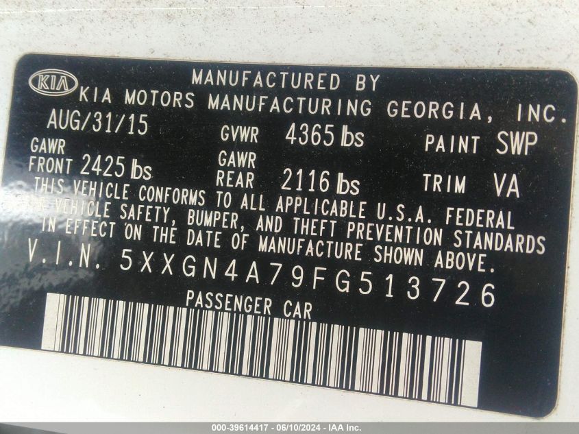 2015 Kia Optima Ex VIN: 5XXGN4A79FG513726 Lot: 39614417