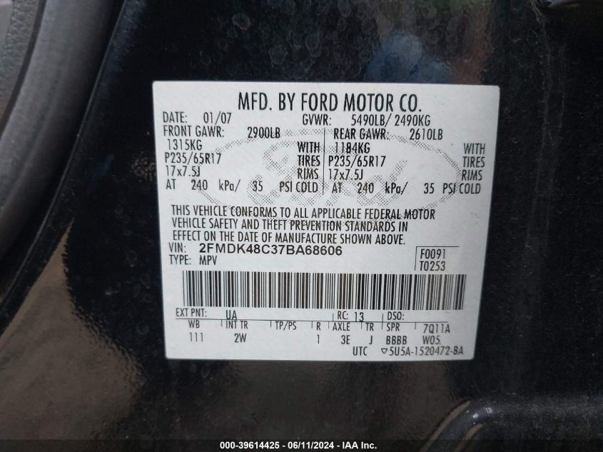 2007 Ford Edge Sel VIN: 2FMDK48C37BA68606 Lot: 39614425