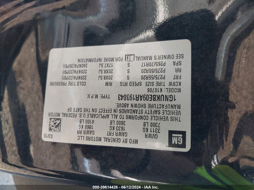 2010 Chevrolet Tahoe Lt VIN: 1GNUKBE09AR193043 Lot: 39614426