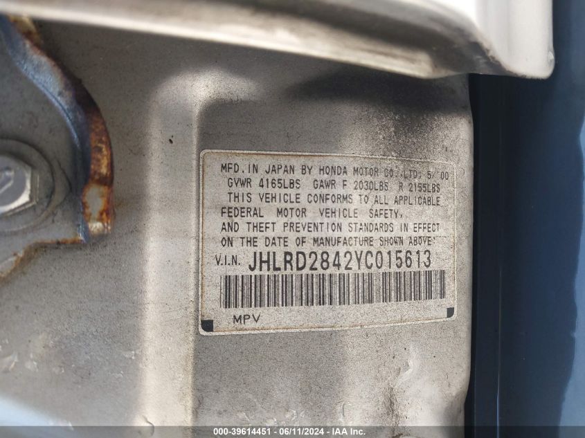 2000 Honda Cr-V Lx VIN: JHLRD2842YC015613 Lot: 39614451