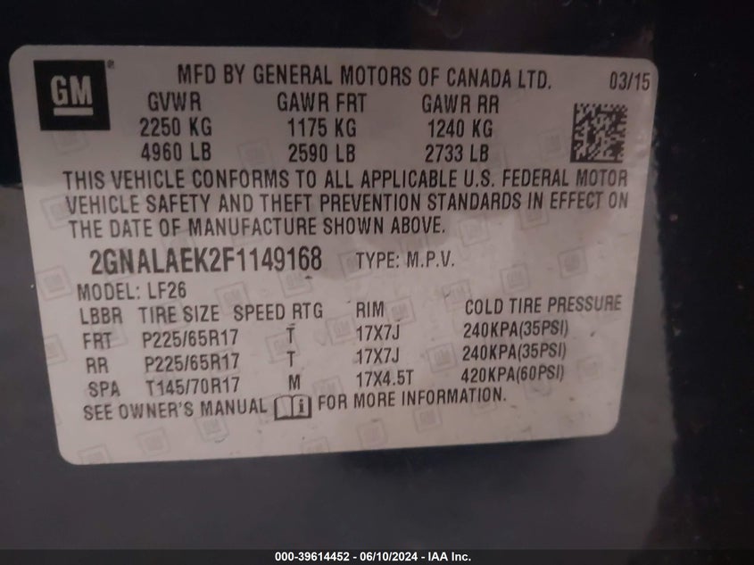 2015 CHEVROLET EQUINOX LS - 2GNALAEK2F1149168