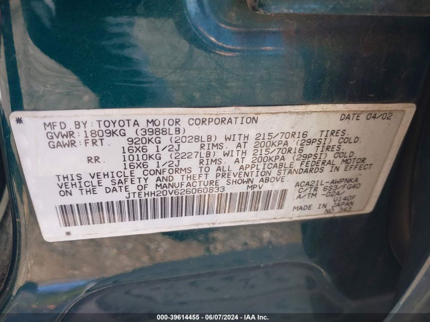 2002 Toyota Rav4 VIN: JTEHH20V626060833 Lot: 39614455