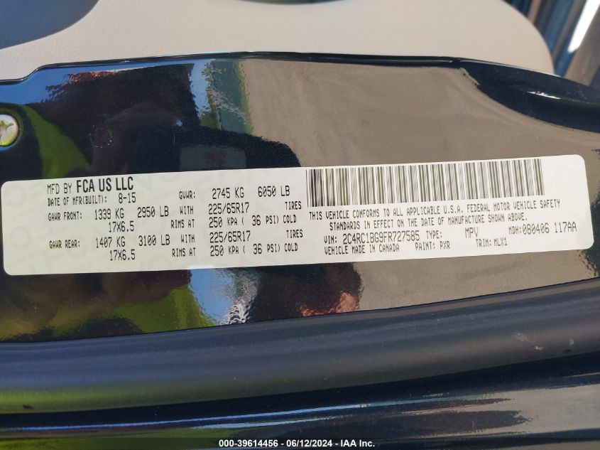 2015 Chrysler Town & Country Touring VIN: 2C4RC1BG9FR727585 Lot: 39614456