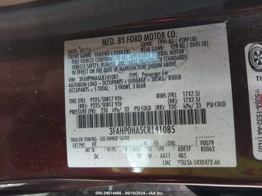 2012 Ford Fusion Se VIN: 3FAHP0HA5CR141085 Lot: 39614466