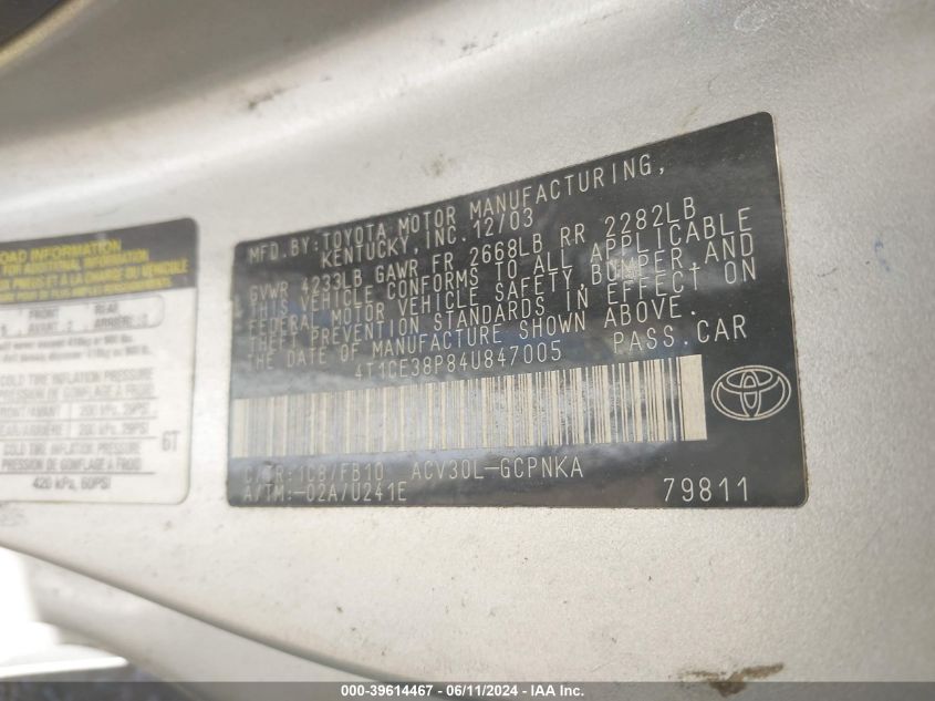 2004 Toyota Camry Solara Se VIN: 4T1CE38P84U847005 Lot: 39614467