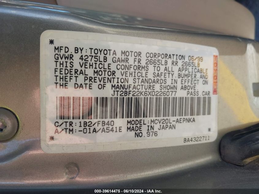 1999 Toyota Camry Le V6 VIN: JT2BF22K6X0226077 Lot: 39614475