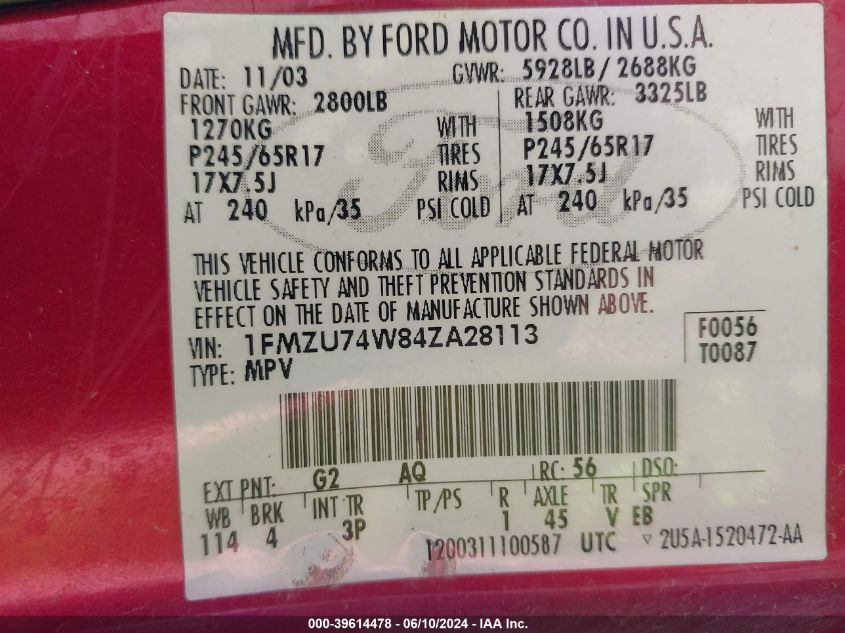 2004 Ford Explorer Eddie Bauer VIN: 1FMZU74W84ZA28113 Lot: 39614478