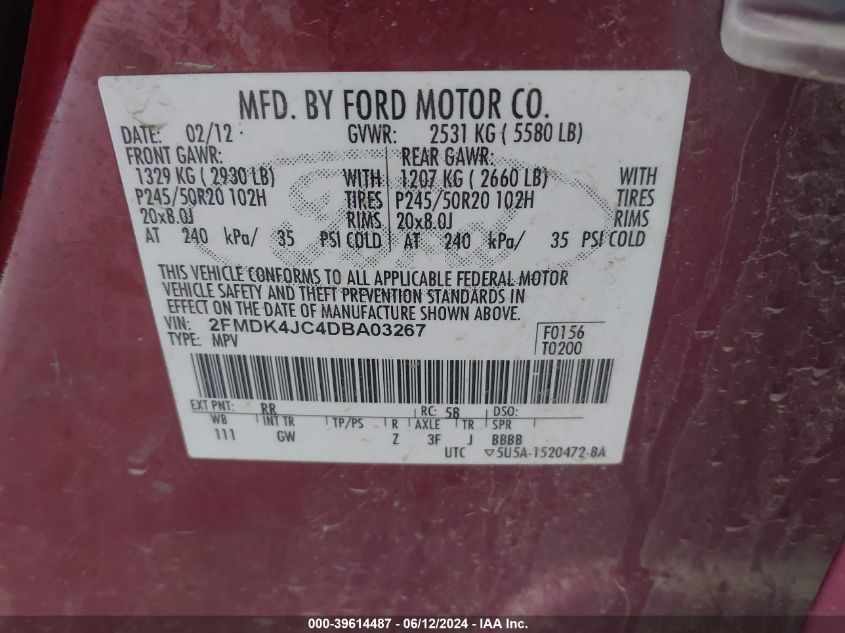 2013 Ford Edge Sel VIN: 2FMDK4JC4DBA03267 Lot: 39614487