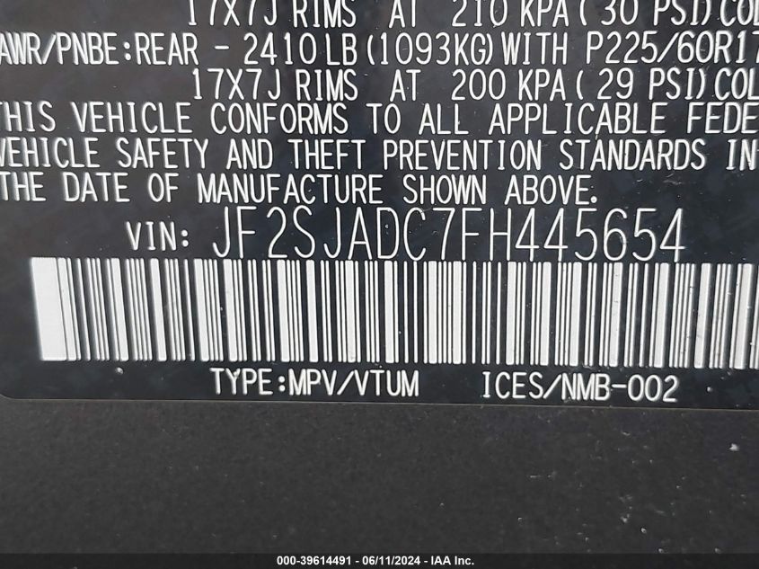 2015 Subaru Forester 2.5I Premium VIN: JF2SJADC7FH445654 Lot: 39614491