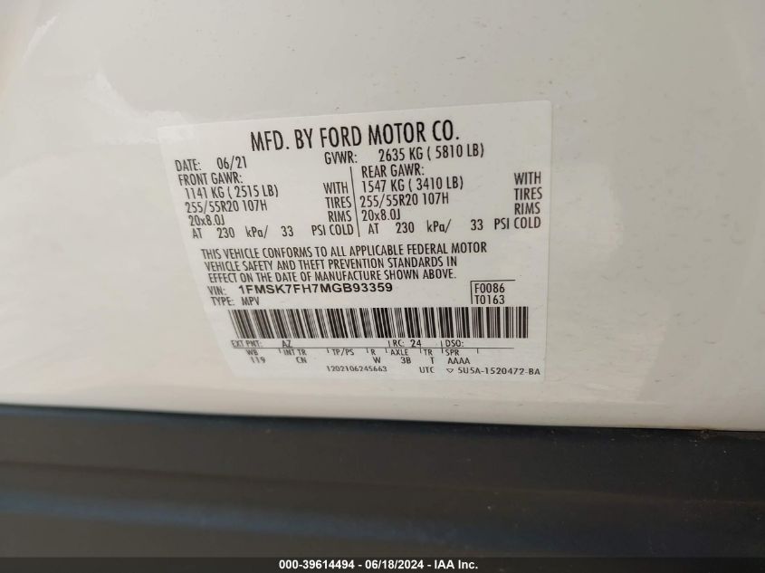 2021 Ford Explorer Limited VIN: 1FMSK7FH7MGB93359 Lot: 39614494