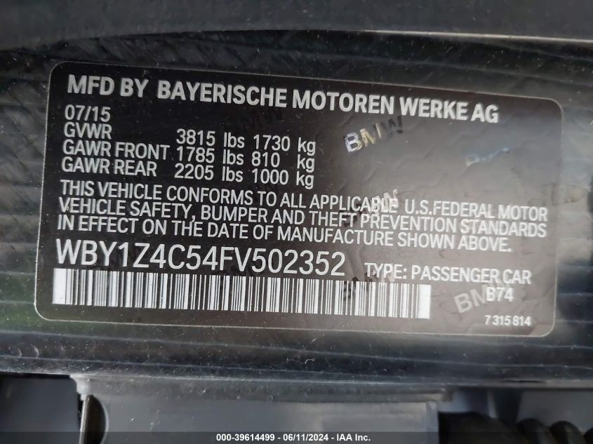 2015 BMW I3 Base W/Range Extender VIN: WBY1Z4C54FV502352 Lot: 39614499