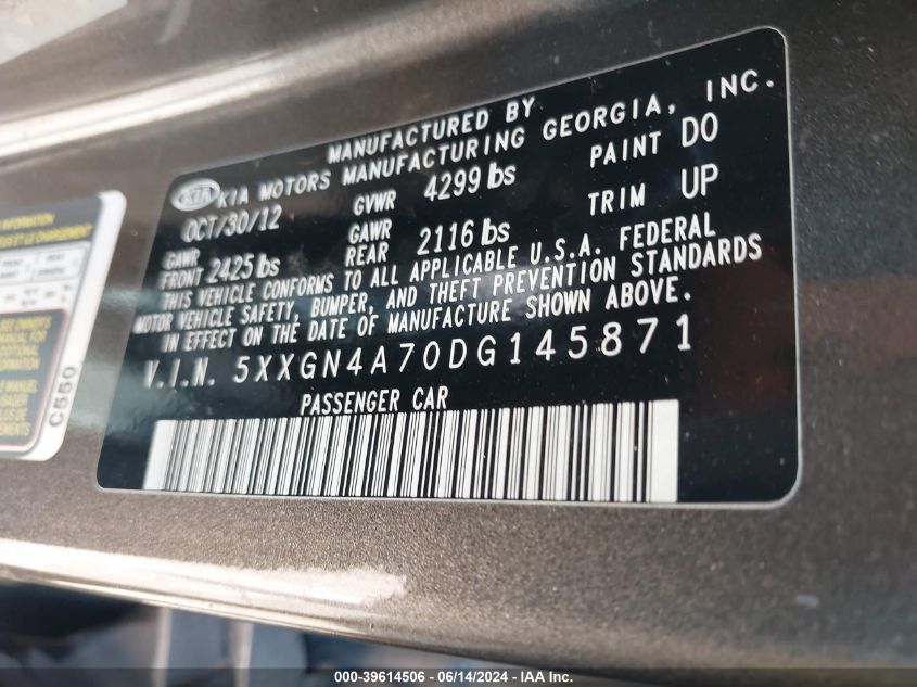 2013 Kia Optima Ex VIN: 5XXGN4A70DG145871 Lot: 39614506