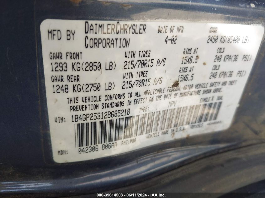 2002 Dodge Caravan Se VIN: 1B4GP25312B685218 Lot: 39614508