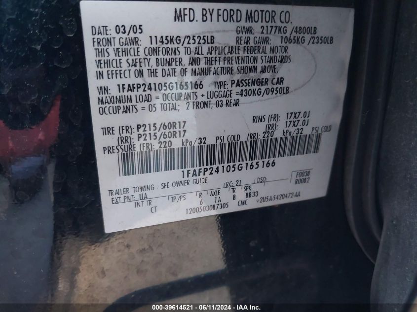 2005 Ford Five Hundred Sel VIN: 1FAFP24105G165166 Lot: 39614521