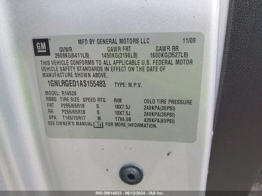 2010 Chevrolet Traverse Lt VIN: 1GNLRGED1AS155483 Lot: 39614533