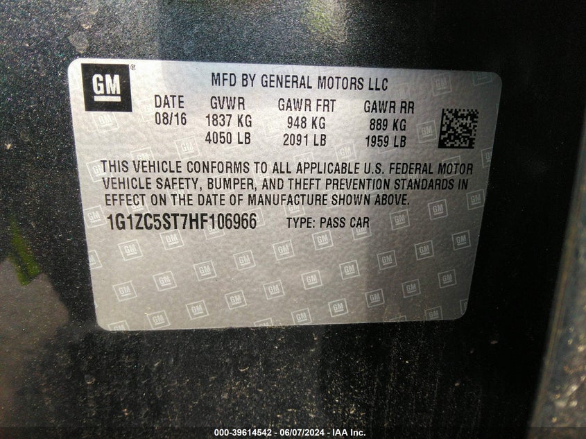 2017 Chevrolet Malibu 1Fl VIN: 1G1ZC5ST7HF106966 Lot: 39614542