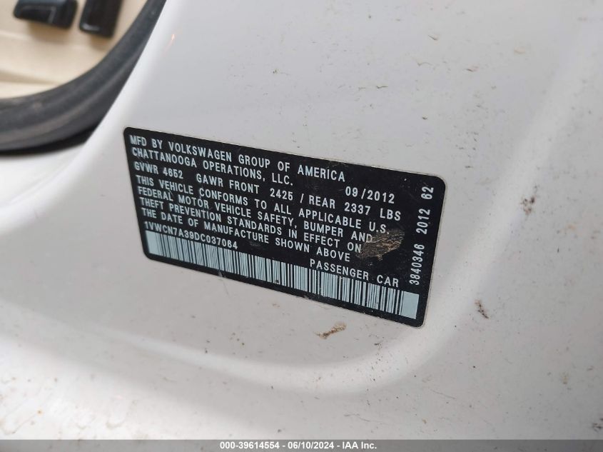 2013 Volkswagen Passat 2.0L Tdi Sel Premium VIN: 1VWCN7A39DC037064 Lot: 39614554