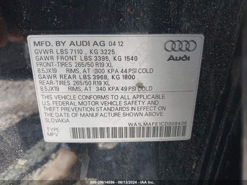 2012 Audi Q7 3.0 Tdi Premium VIN: WA1LMAFE1CD009436 Lot: 39614556