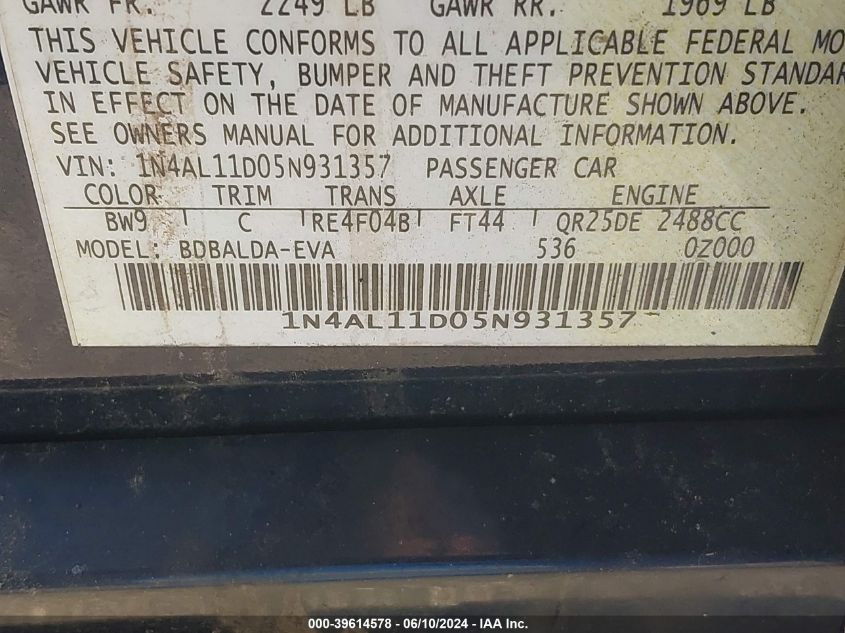 2005 Nissan Altima 2.5 S VIN: 1N4AL11D05N931357 Lot: 39614578