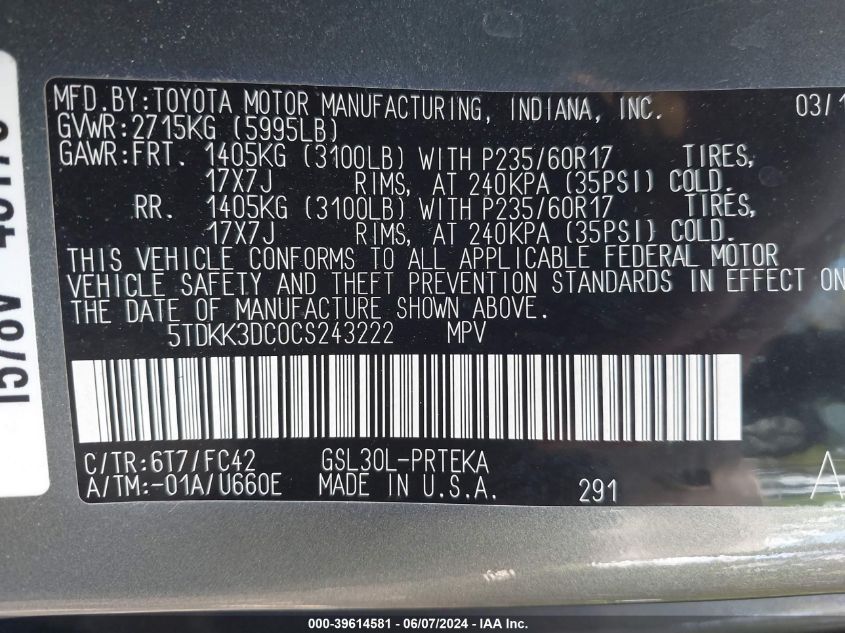 2012 Toyota Sienna Le V6 8 Passenger VIN: 5TDKK3DC0CS243222 Lot: 39614581