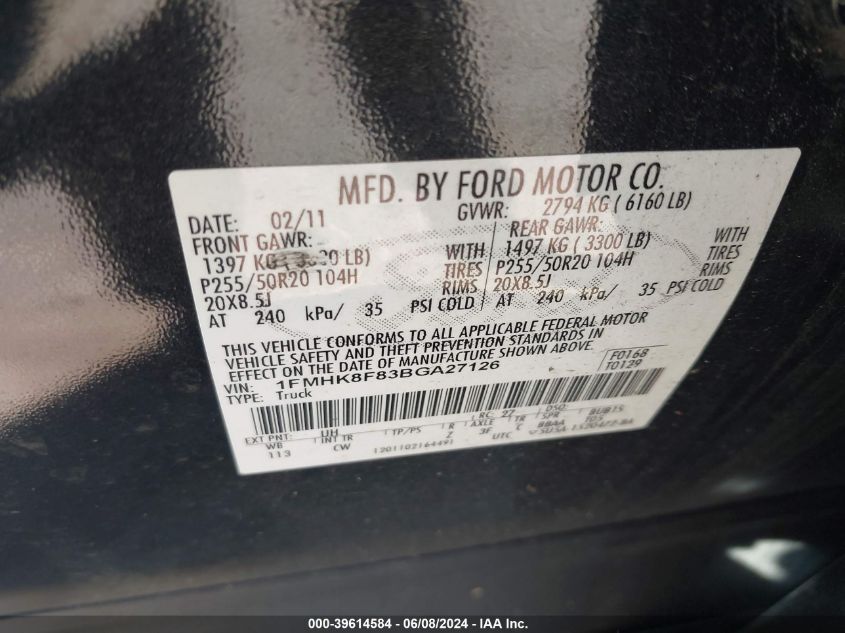 2011 Ford Explorer Limited VIN: 1FMHK8F83BGA27126 Lot: 39614584