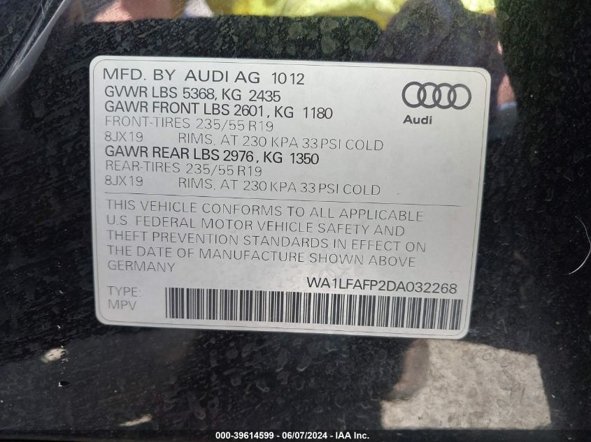 2013 Audi Q5 2.0T Premium VIN: WA1LFAFP2DA032268 Lot: 39614599