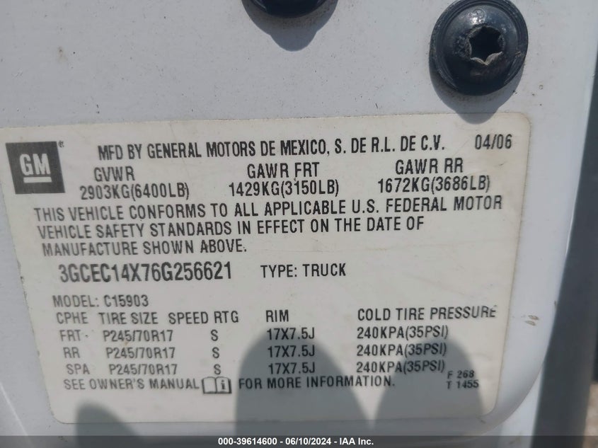 2006 Chevrolet Silverado 1500 Work Truck VIN: 3GCEC14X76G256621 Lot: 39614600