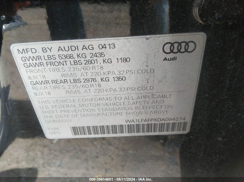 2013 Audi Q5 2.0T Premium VIN: WA1LFAFPXDA094274 Lot: 39614601