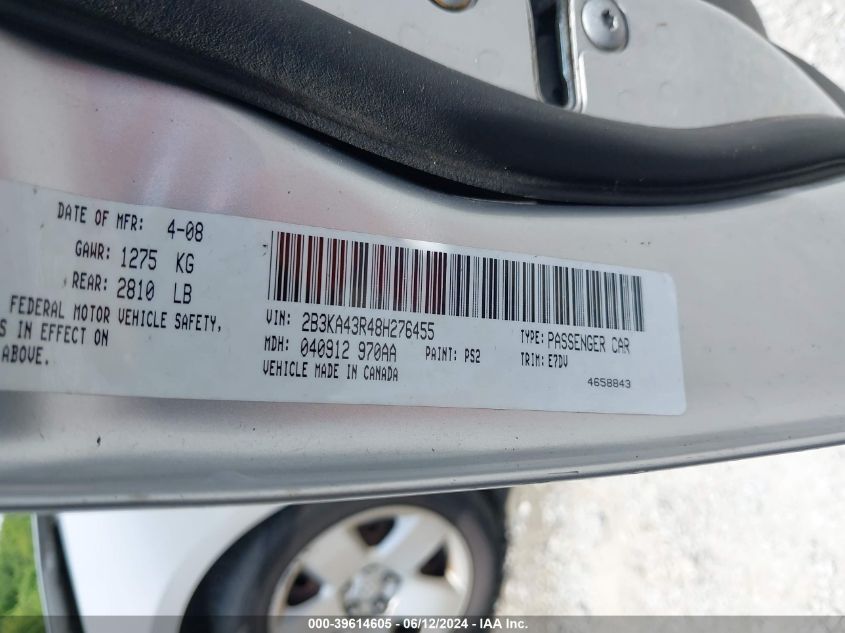 2008 Dodge Charger VIN: 2B3KA43R48H276455 Lot: 39614605