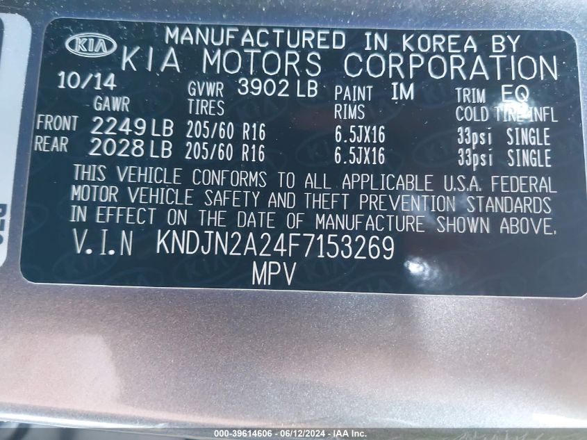 2015 Kia Soul VIN: KNDJN2A24F7153269 Lot: 39614606