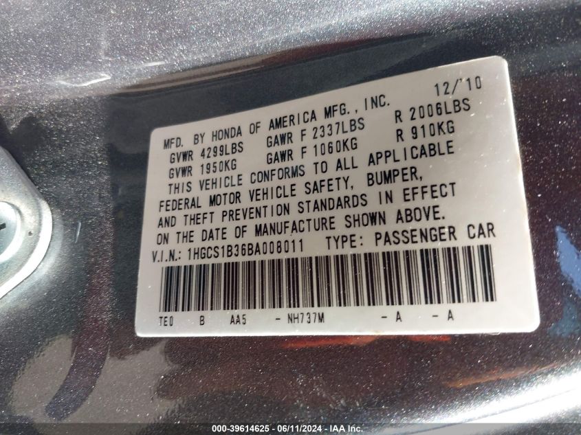 2011 Honda Accord 2.4 Lx-S VIN: 1HGCS1B36BA008011 Lot: 39614625