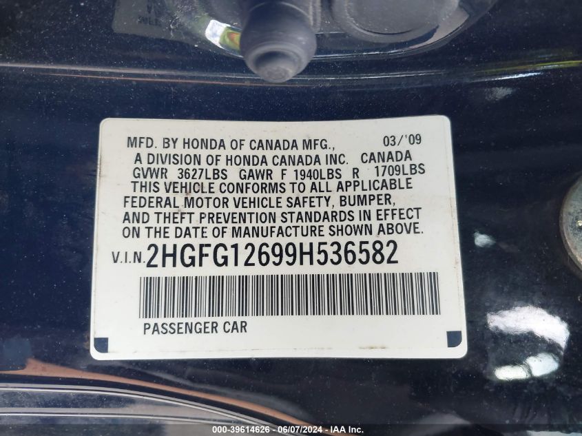 2HGFG12699H536582 | 2009 HONDA CIVIC