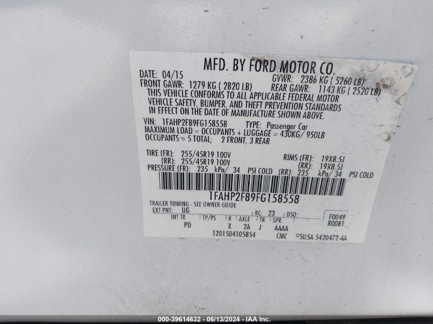 2015 Ford Taurus Limited VIN: 1FAHP2F89FG158558 Lot: 39614632