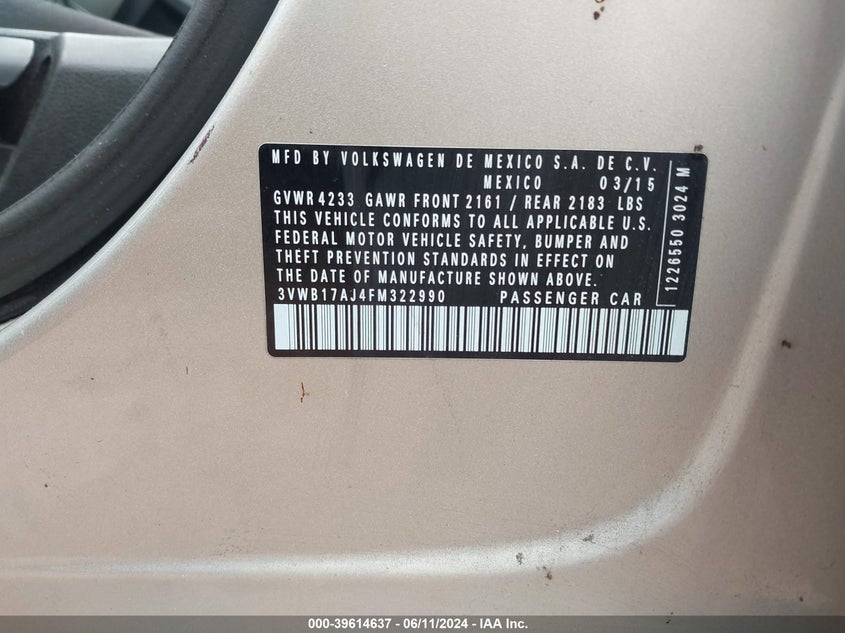 2015 Volkswagen Jetta 1.8T Se VIN: 3VWB17AJ4FM322990 Lot: 39614637
