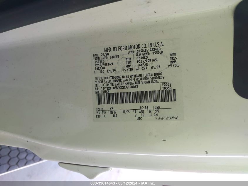 1999 Ford F-150 Lariat/Work Series/Xl/Xlt VIN: 1FTRX18WXXKA13662 Lot: 39614643