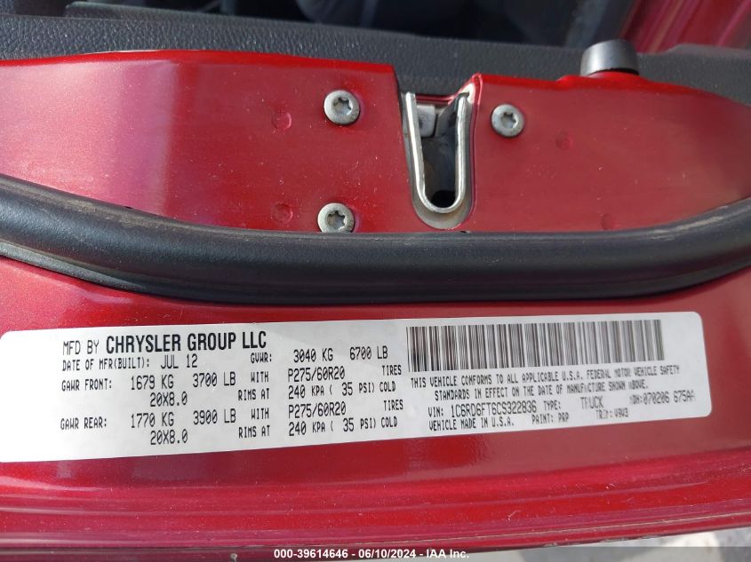 2012 Ram 1500 St VIN: 1C6RD6FT6CS322836 Lot: 39614646