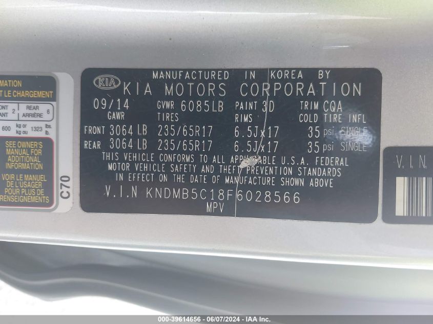 2015 Kia Sedona Lx VIN: KNDMB5C18F6028566 Lot: 39614656