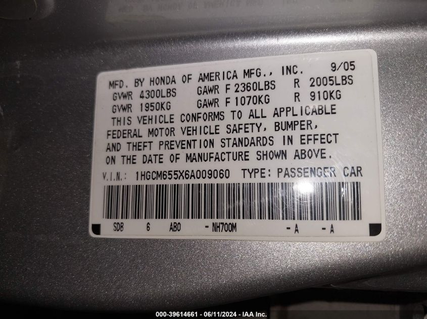 2006 Honda Accord 3.0 Ex VIN: 1HGCM655X6A009060 Lot: 39614661