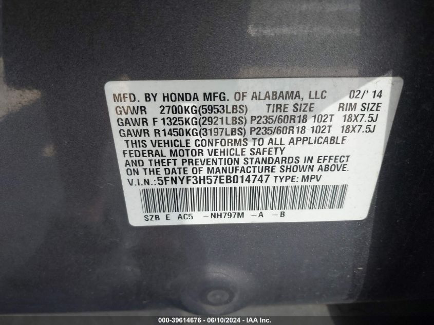 2014 Honda Pilot Ex-L VIN: 5FNYF3H57EB014747 Lot: 39614676