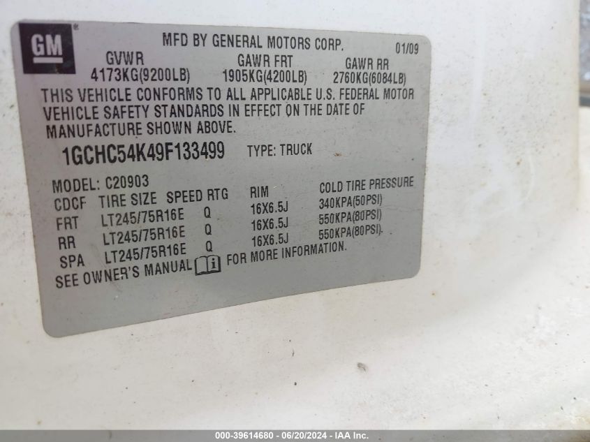 2009 Chevrolet Silverado 2500Hd Lt VIN: 1GCHC54K49F133499 Lot: 39614680