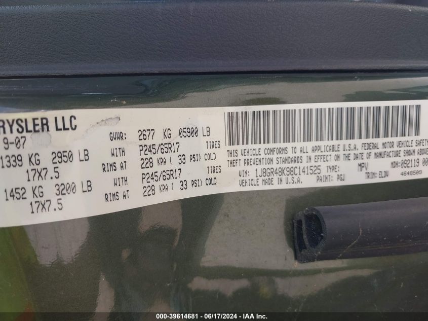 2008 Jeep Grand Cherokee Laredo VIN: 1J8GR48K98C141525 Lot: 39614681