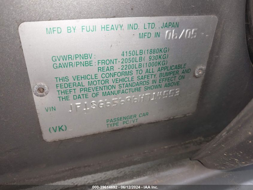 2006 Subaru Forester 2.5X VIN: JF1SG65696H714553 Lot: 39614692