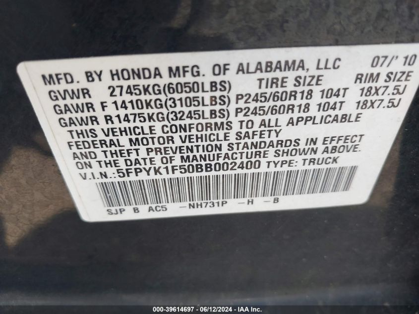 2011 Honda Ridgeline Rtl VIN: 5FPYK1F50BB002400 Lot: 39614697