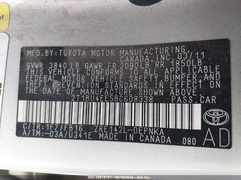 2011 Toyota Corolla Le VIN: 2T1BU4EE5BC608338 Lot: 39614701