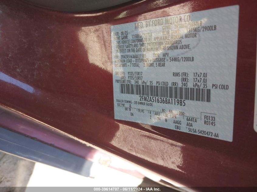 2006 Ford Freestar Se VIN: 2FMZA51636BA11985 Lot: 39614707